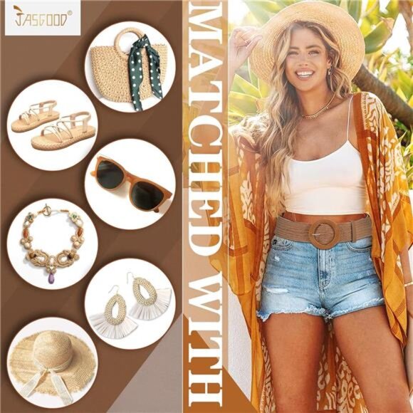 Straw Woven Elastic Stretch Belts Women Raffia Dress Waist Band Boho - Picture 4 of 7